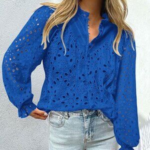 Blue Eyelet Boho Blouse 1X‎ Cotton Unlined NWT Long Sleeve Top